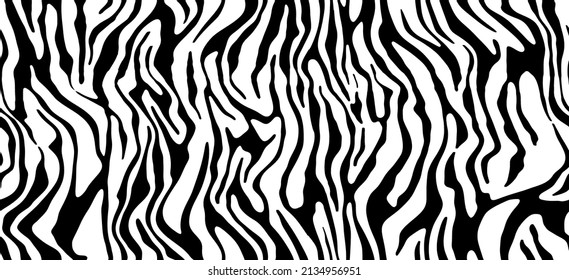 Zebra skin, stripes pattern. Animal print, black and white detailed and realistic texture. Monochrome seamless background. Illustration 