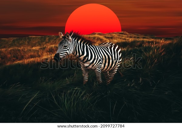 Zebra at sunset on the African steppe. 3D illustration. Imitation of oil painting.