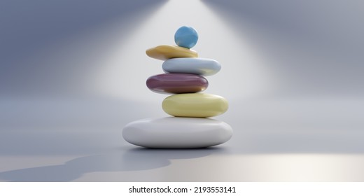 Zen Balance Stones, Pebbles Stack Pastel Color, Copy Space. Spa Wellness, Yoga Meditation Template. 3d Render