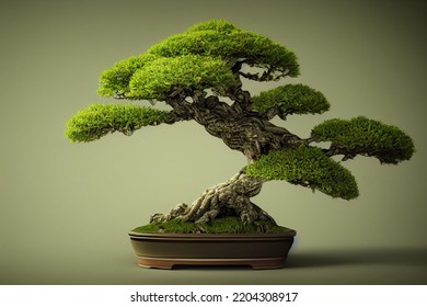  A Zen Bonsai Tree  With A Green Neutral Background 3d Illustration