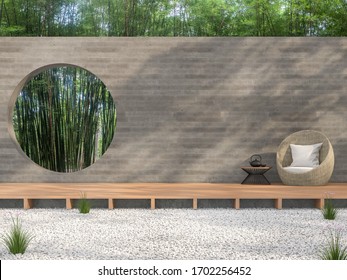 Zen Garden Style Idea 3d Render,There Are White Stone Ground,wooden Terrace,blank Concrete Wall With Circle Shape Of Void Overlooking Bamboo Garden Background.