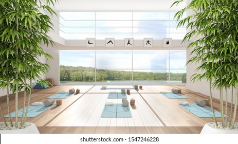 Zen interior with potted bamboo plant, natural interior design concept, empty yoga studio, minimal open space, spatial organization with mats and accessories, ready for yoga practice, 3d illustration