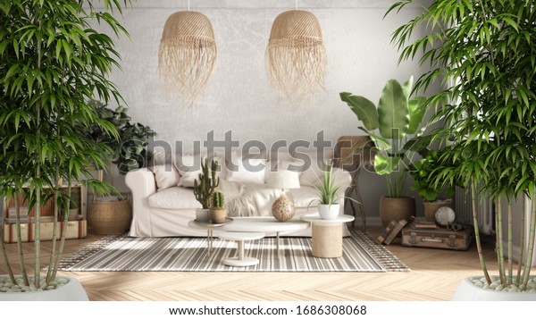 Zen interior with potted bamboo plant,\
natural interior design concept, old style living room in beige\
tone, Sofa, carpet, pillows, tables with decors and plants,\
architecture concept, 3d\
illustration