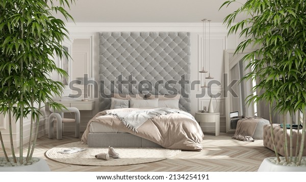Zen interior with potted bamboo plant,
natural interior design concept, bedroom in beige tones, double
bed, pillow and duvet, velvet headboard, carpet and decors,
interior design idea, 3d
illustration