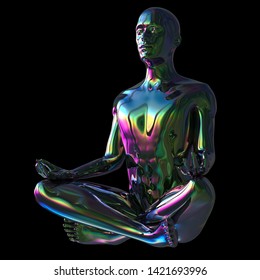Zen Lotus Pose Man Meditating Calm Stylized Statue Polished. Mind Body Soul Spirit Balance Icon Concept. Human Peaceful Person Nirvana Symbol. 3d Rendering, Isolated On Black