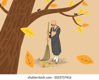 Zen Monk Cleaning The Garden