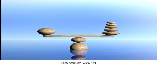 Zen pebbles on a blue sky and sea background. 3d illustration