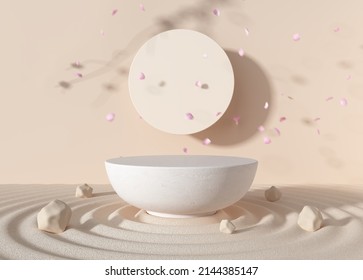 Zen Product Display Podium Advertisement Japan Petals Sakura Shadow Float Circle Wall Background White Stone Table Ripple Garden Rock Beige Cream. Platform Cosmetics Or Skin Care. 3D Illustration.