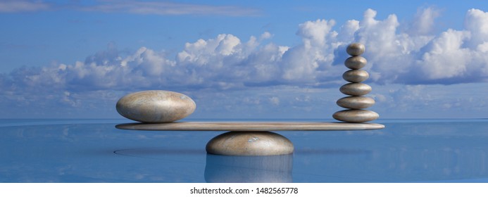 Zen stones row from large to small  in water with blue sky and peaceful landscape background. 3d illustration