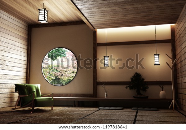 Zen style - empty Japanese room with\
chair,lamp,bonsai tree and tatami mat floor on wall modern wooden\
window view. 3D\
rendering
