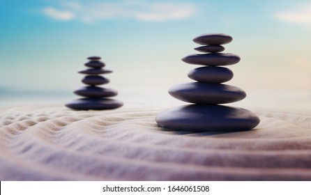 Zen-like balanced stones in stack. Harmony and meditation concept. 3D rendered illustration.