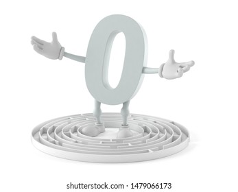 Zero character inside maze isolated on white background. 3d illustration