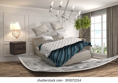 Zero Gravity Bed Hovering In Living Room. 3d Illustration