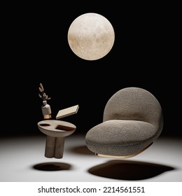 Zero Gravity Furniture, Armchair, Coffee Table, White Background, Interior, Night, Dark Background, Moon Light, Lamp. 3D Render Illustration, Isolated Objects.