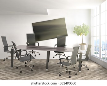 Zero Gravity In Office Interior. 3D Illustration