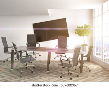 Zero Gravity In Office Interior. 3D Illustration