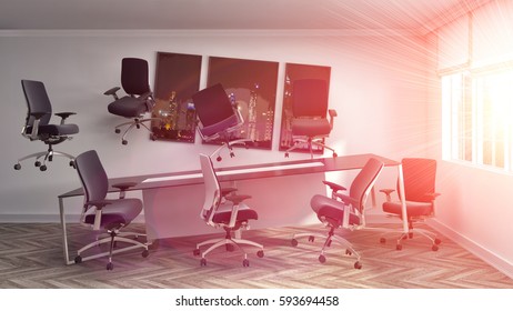 Zero Gravity In Office Interior. 3D Illustration