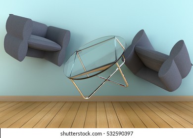 Zero Gravity Room With Modern Round Glass Table And Two Chairs Floating In Light Blue Wall And Wooden Floor 3D Interior.