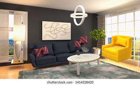 Zero Gravity Sofa hovering in living room. 3D Illustration