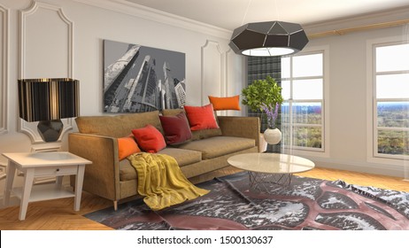 Zero Gravity Sofa hovering in living room. 3D Illustration.