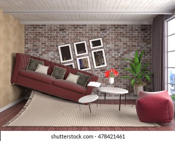 Zero Gravity Sofa hovering in living room. 3D Illustration