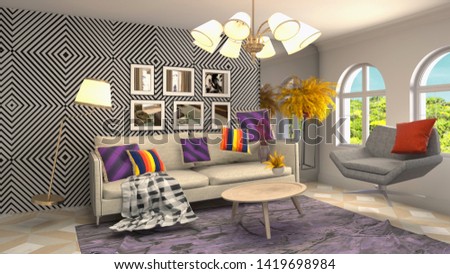 Zero Gravity Sofa hovering in living room. 3D Illustration