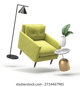 Zero gravity white interior living room 3D Illustration