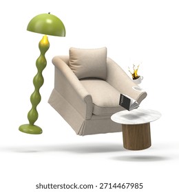 Zero gravity white interior living room 3D Illustration