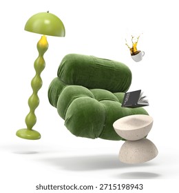Zero gravity white interior living room 3D Illustration
