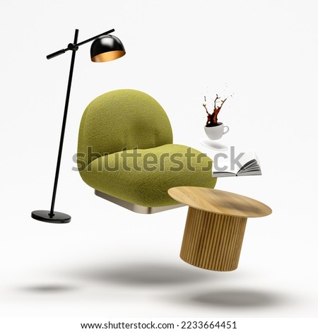 Zero gravity white interior living room 3 D Illustration. 3D Illustration