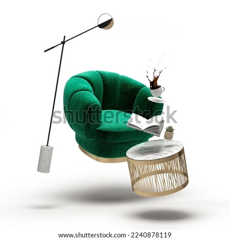 Zero gravity white interior living room 3 D Illustration. 3D Illustration