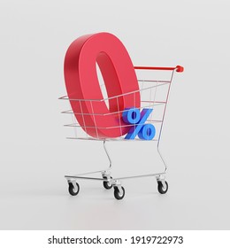 Zero percent, 0% interest special offer installment payment with cart, 3d illustration