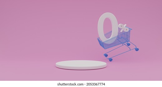 Zero percent or 0% and shopping cart, online selling concept, 3d rendering.