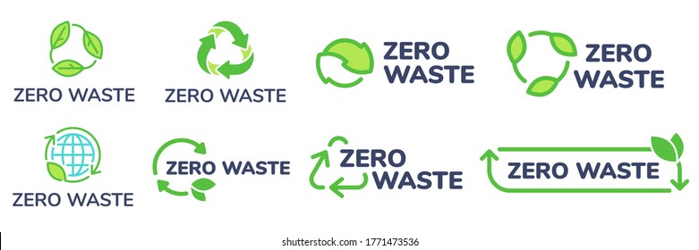 Zero Waste Labels. Green Eco Friendly Label, Reduce Waste And Recycle Icon With Plant Leaves  Set. No Plastic Ecological Protection Logo With Green Recycling Arrows Signs