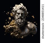 Zeus street style graphic design.Textile artwork for t-shirts.Pop art David statue, illustration isolated on black background.Greek god graffiti poster art.Greek mythology god zeus.Zeus print art.