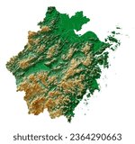 Zhejiang. A province of China. A highly detailed 3D rendering of a shaded relief map with rivers and lakes. Colored by elevation. Pure white background.