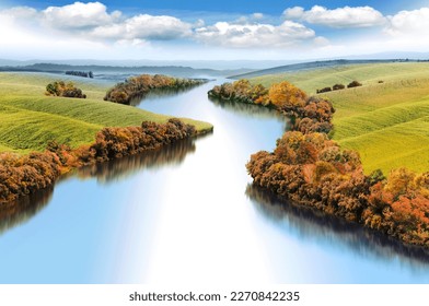 Zigzag river flows between autumn valleys bright illustration