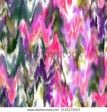 Zigzag seamless pattern. Abstract wavy lines background. Blurred smeared chevron texture. Bright colorful bleeding florals. Distorted paints stripes.