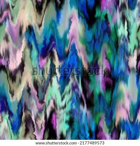 Zigzag seamless pattern. Abstract wavy lines background. Blurred smeared chevron texture. Bright colorful bleeding florals. Distorted paints stripes in Ebru style.