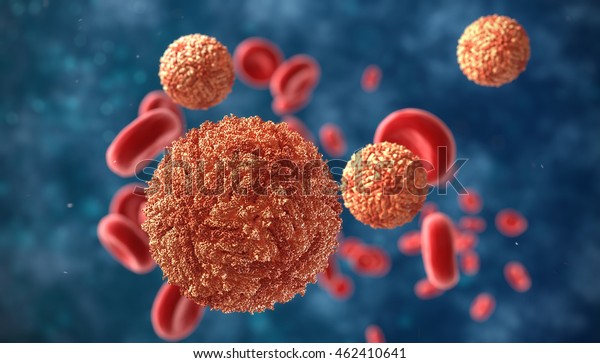Zika virus in blood with red blood cells, a\
virus which causes Zika fever found in Brazil and other tropical\
countries, 3d\
illustration