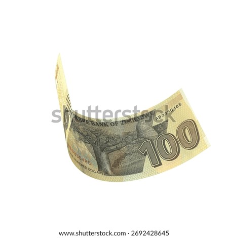 zimbabwe 100 Dollars Falling Monetary Value, High quality currency banknote for finance, education, 3D modeling, stock. References and global monetary identity and value.