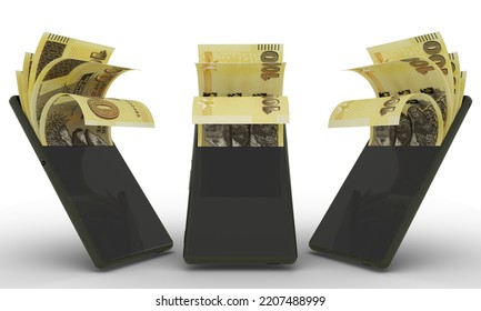 Zimbabwean dollar notes inside a mobile phone. money coming out of mobile phone. 3d rendering of set of mobile money transaction concept. money from Phone