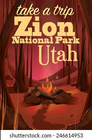 Zion National Park Utah Travel Poster Featuring A Camp Site.