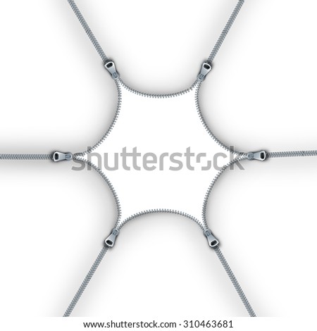 Zipper frame concept as a design element of connected group with an open interlocking metal fastener on clothing or garment textile as a symbol for revealing a message or discovery isolated on white.