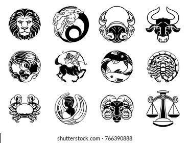 Zodiac Astrology Horoscope Star Signs Symbols Icon Set