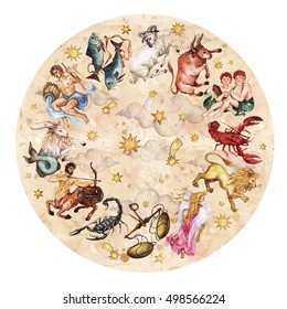 Zodiac circle    complete set 12 signs 
Watercolor Illustration  