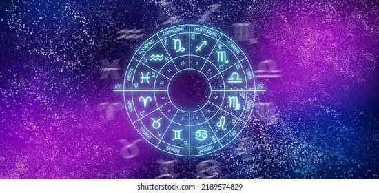 Zodiac circle on the background of a space. Astrology. The science of stars and planets. Esoteric knowledge. Ruler planets. Twelve signs of the zodiac. Copy space. web banner - Powered by Shutterstock