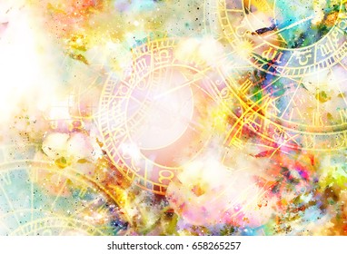 Zodiac Collage In Cosmic Space. Abstract Color Background.