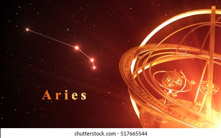 Zodiac Constellation Aries And Armillary Sphere Over Red Background. 3D Illustration.