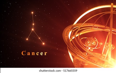 Zodiac Constellation Cancer And Armillary Sphere Over Red Background. 3D Illustration.